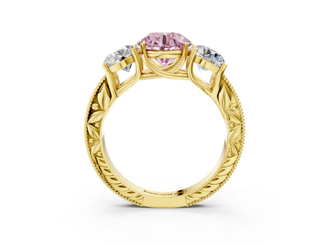 Yellow gold Three-Stone Fancy Pink Round Cut Cut Milgrain Pavé Engagement Ring_3