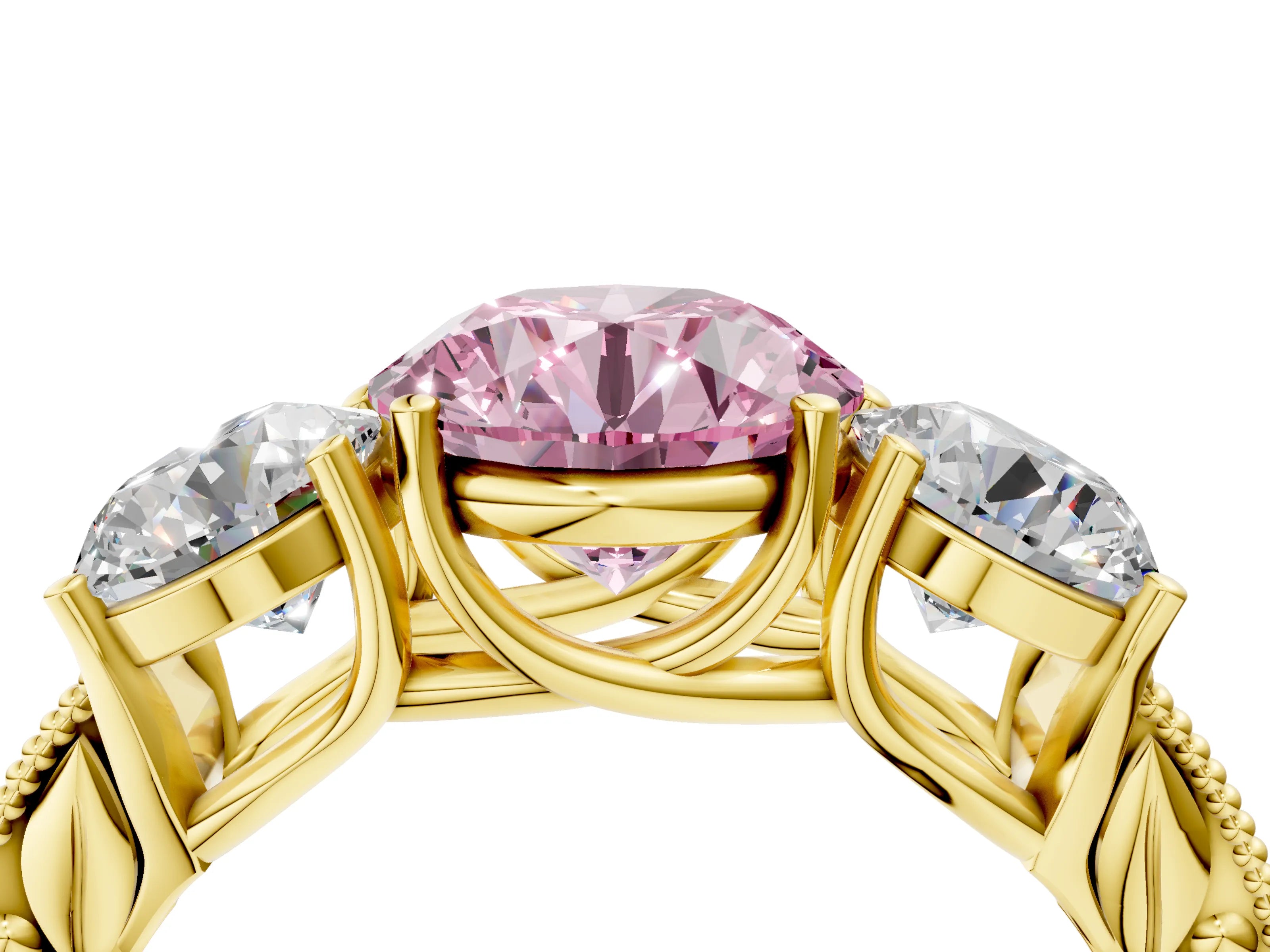 Yellow gold Three-Stone Fancy Pink Round Cut Cut Milgrain Pavé Engagement Ring_4