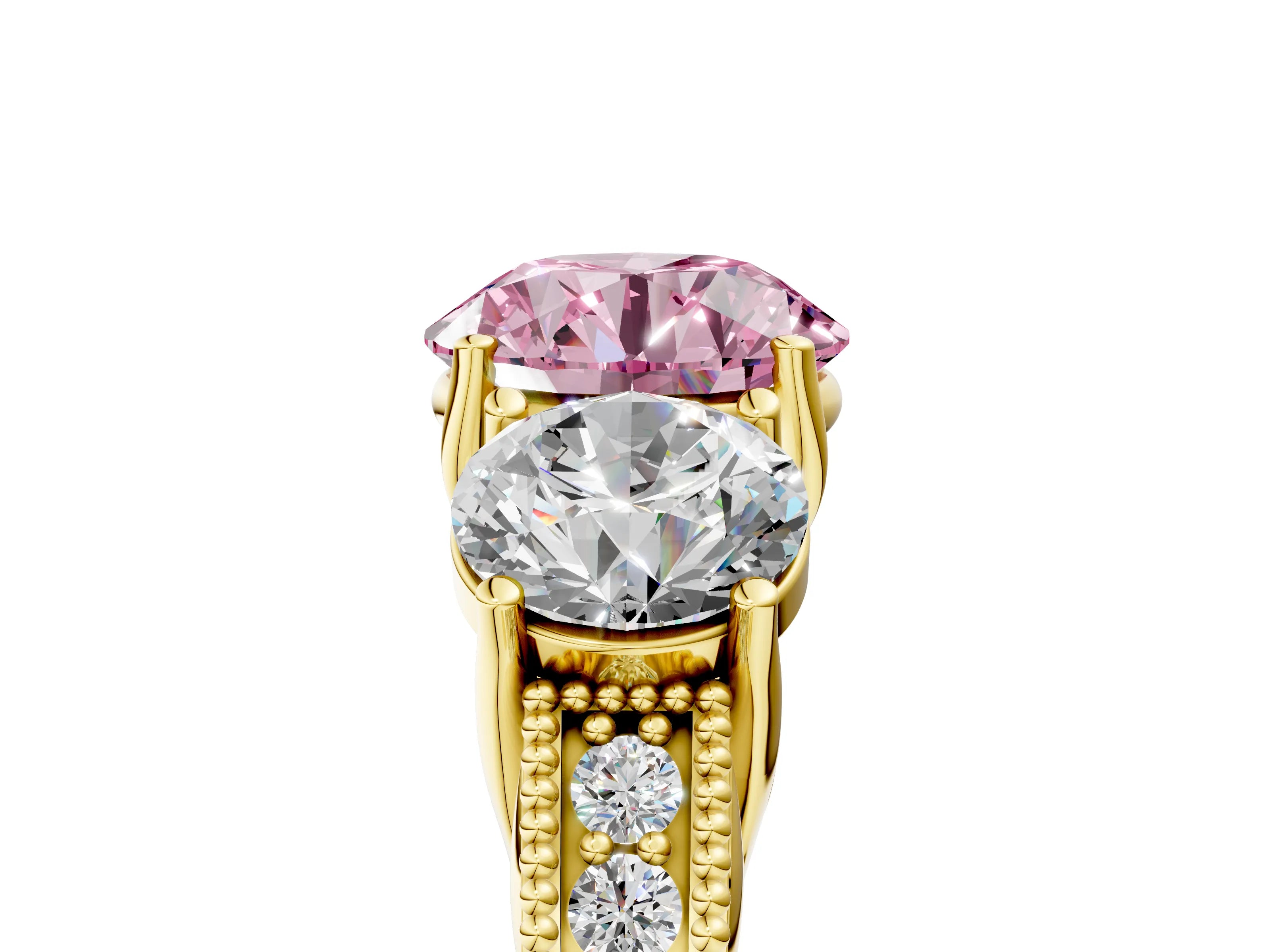 Yellow gold Three-Stone Fancy Pink Round Cut Cut Milgrain Pavé Engagement Ring_5