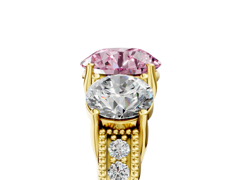 Yellow gold Three-Stone Fancy Pink Round Cut Cut Milgrain Pavé Engagement Ring_5