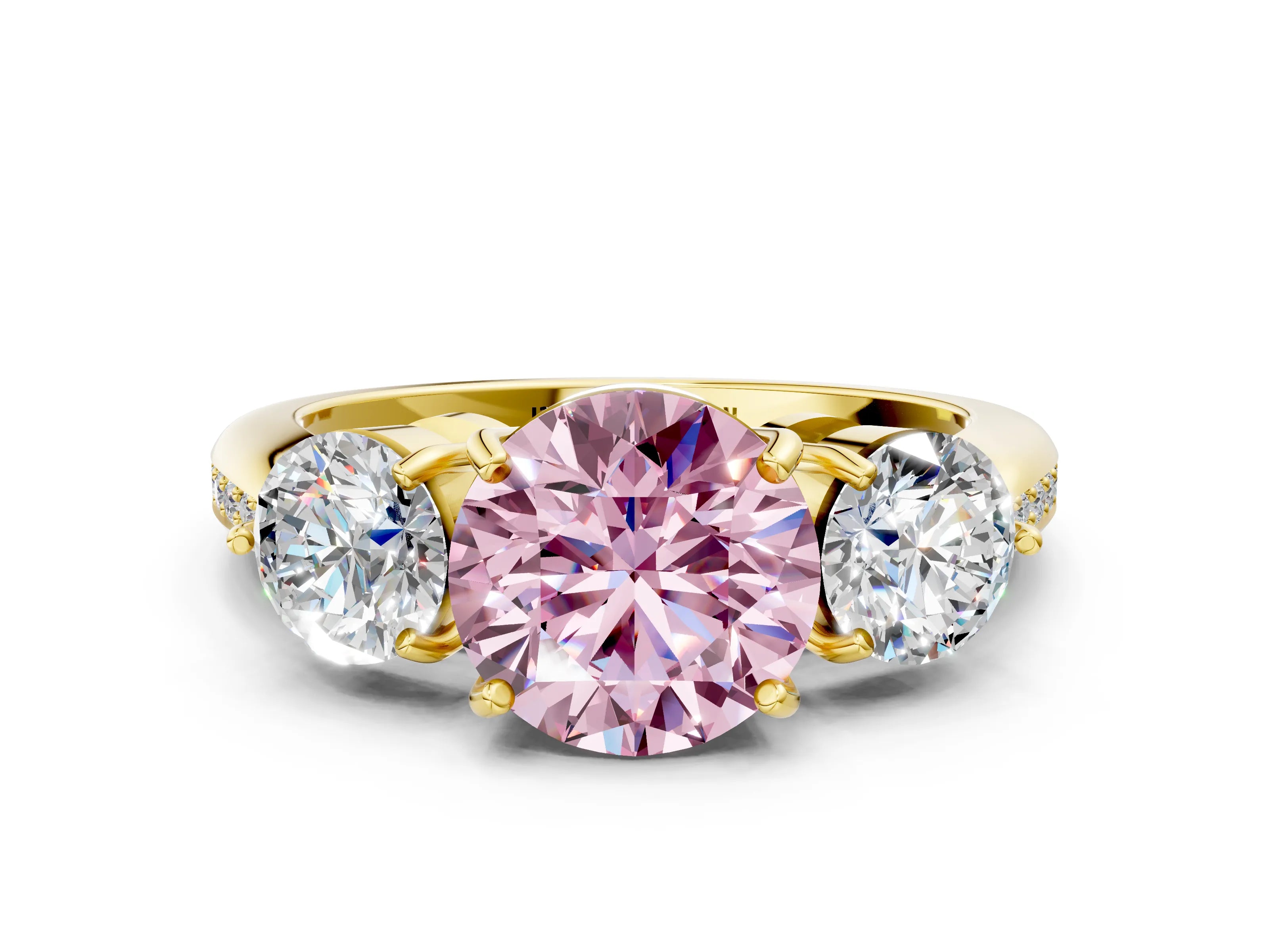 Yellow gold Three-Stone Fancy Pink Round Cut Diamond Channel Set Engagement Ring with Prong Setting