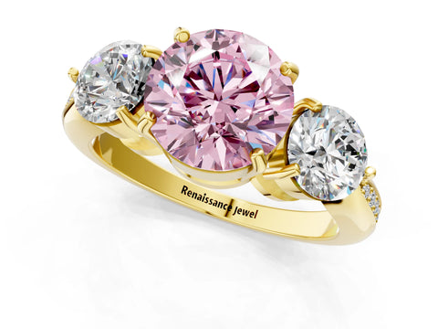 Yellow gold Three-Stone Fancy Pink Round Cut Diamond Channel Set Engagement Ring with Prong Setting_1