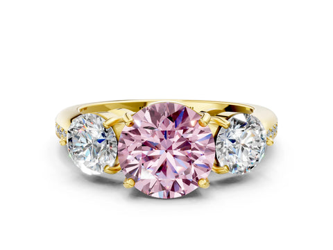 Yellow gold Three-Stone Fancy Pink Round Cut Diamond Channel Set Engagement Ring with Prong Setting