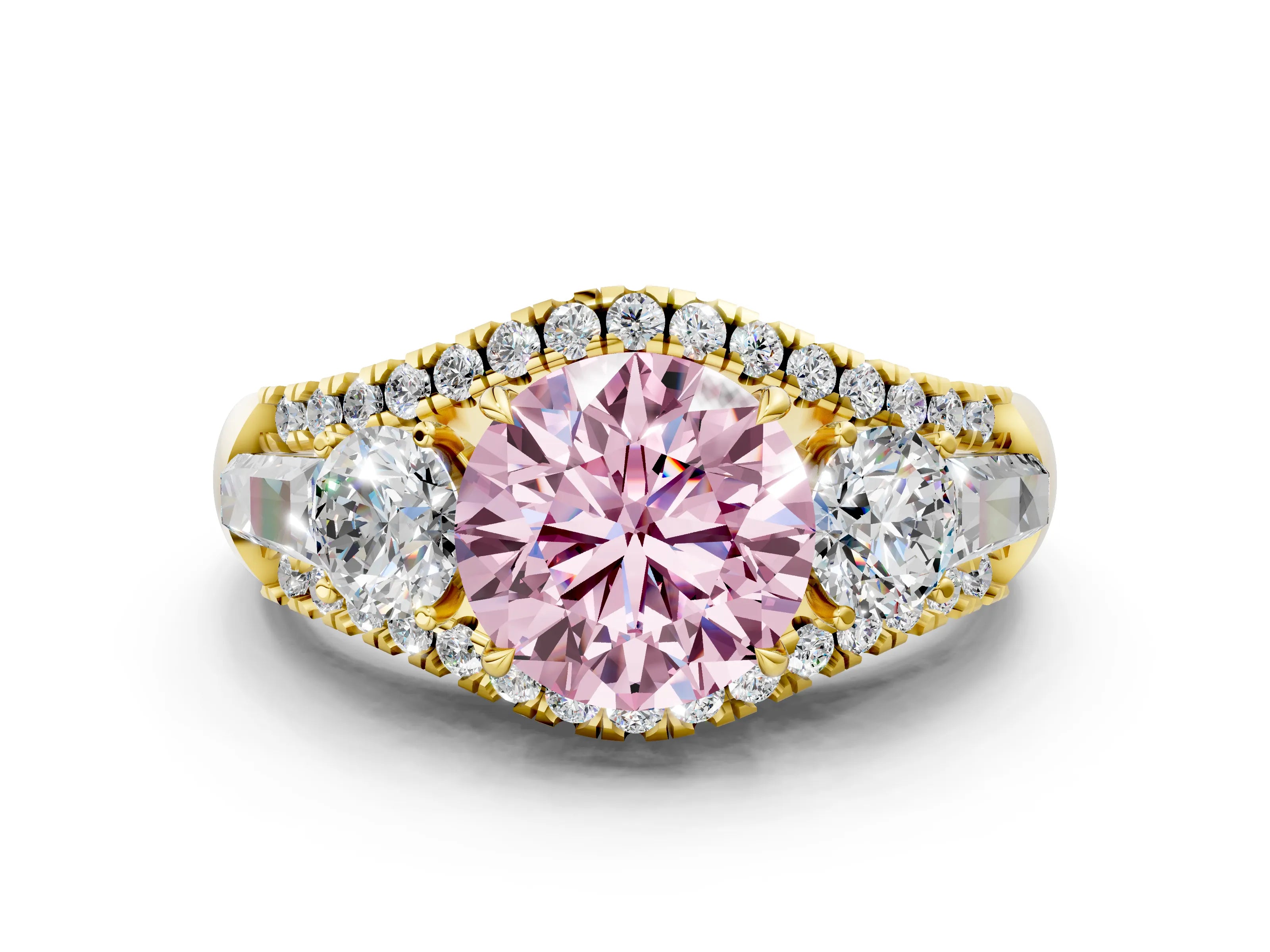 Yellow gold Three-Stone Fancy Pink Round Cut Diamond Engagement Ring with Pave Band and Prong Setting