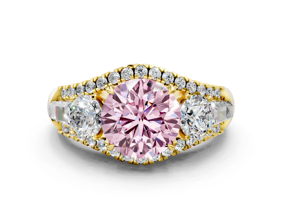Yellow gold Three-Stone Fancy Pink Round Cut Diamond Engagement Ring with Pave Band and Prong Setting