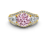 Yellow gold Three-Stone Fancy Pink Round Cut Diamond Engagement Ring with Pave Band and Prong Setting
