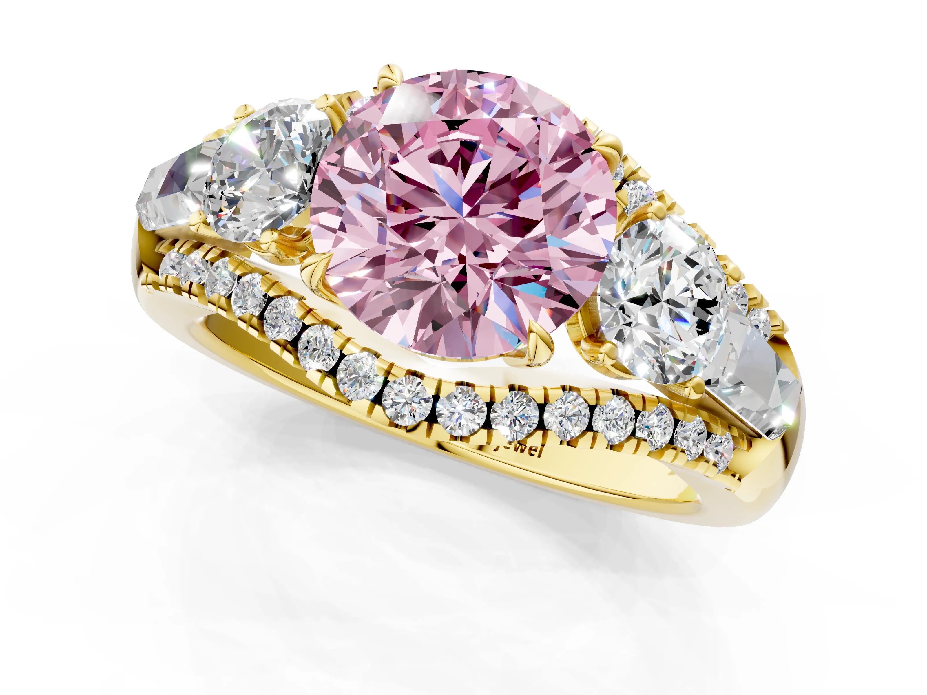 Yellow gold Three-Stone Fancy Pink Round Cut Diamond Engagement Ring with Pave Band and Prong Setting_1
