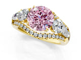 Yellow gold Three-Stone Fancy Pink Round Cut Diamond Engagement Ring with Pave Band and Prong Setting_1