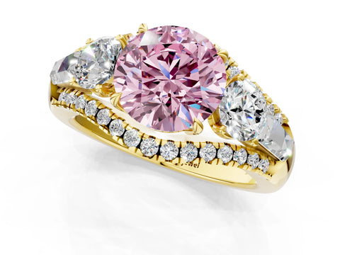Yellow gold Three-Stone Fancy Pink Round Cut Diamond Engagement Ring with Pave Band and Prong Setting_1