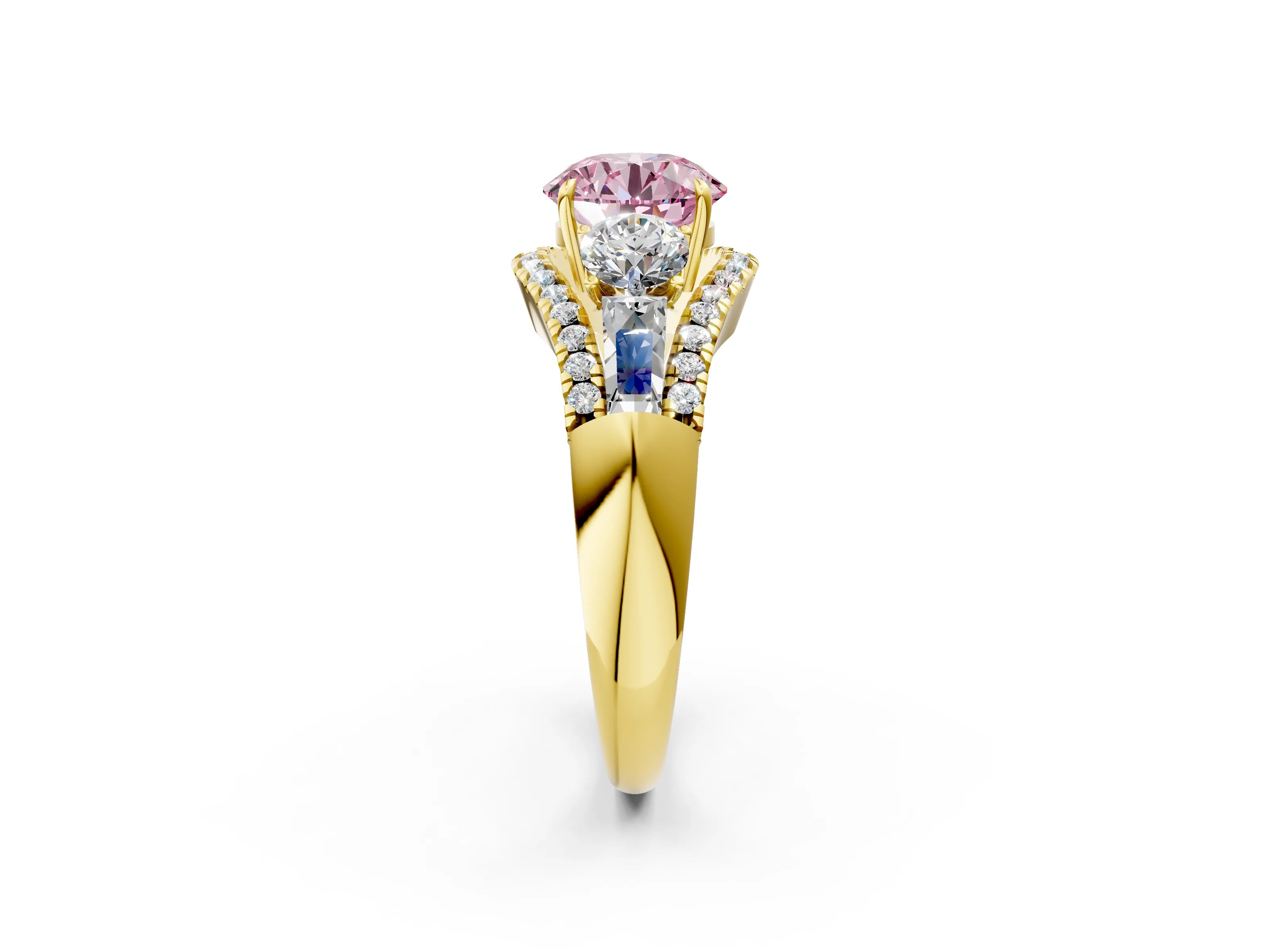 Yellow gold Three-Stone Fancy Pink Round Cut Diamond Engagement Ring with Pave Band and Prong Setting_2