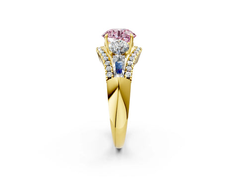 Yellow gold Three-Stone Fancy Pink Round Cut Diamond Engagement Ring with Pave Band and Prong Setting_2