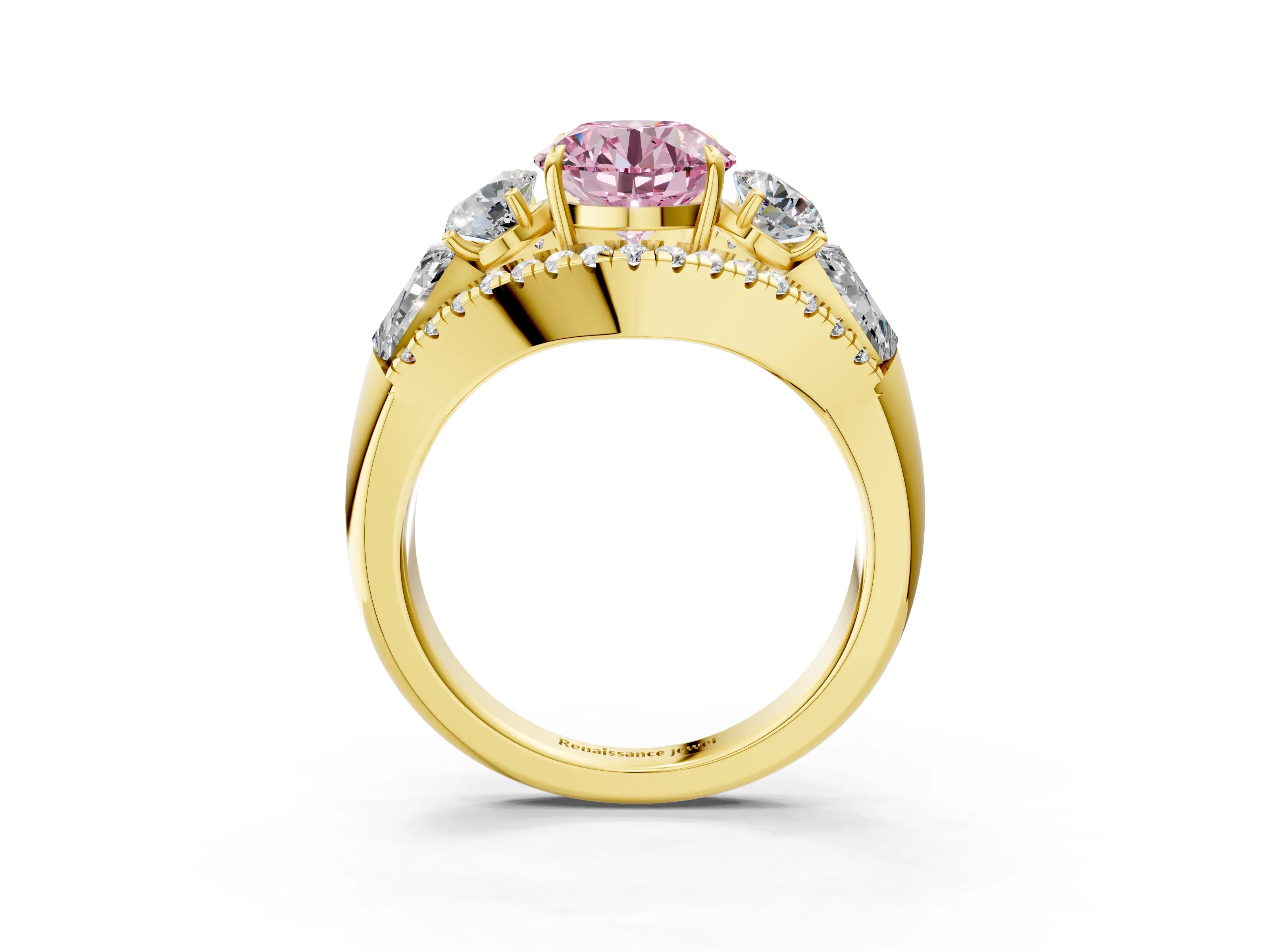 Yellow gold Three-Stone Fancy Pink Round Cut Diamond Engagement Ring with Pave Band and Prong Setting_3