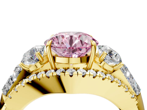 Yellow gold Three-Stone Fancy Pink Round Cut Diamond Engagement Ring with Pave Band and Prong Setting_4