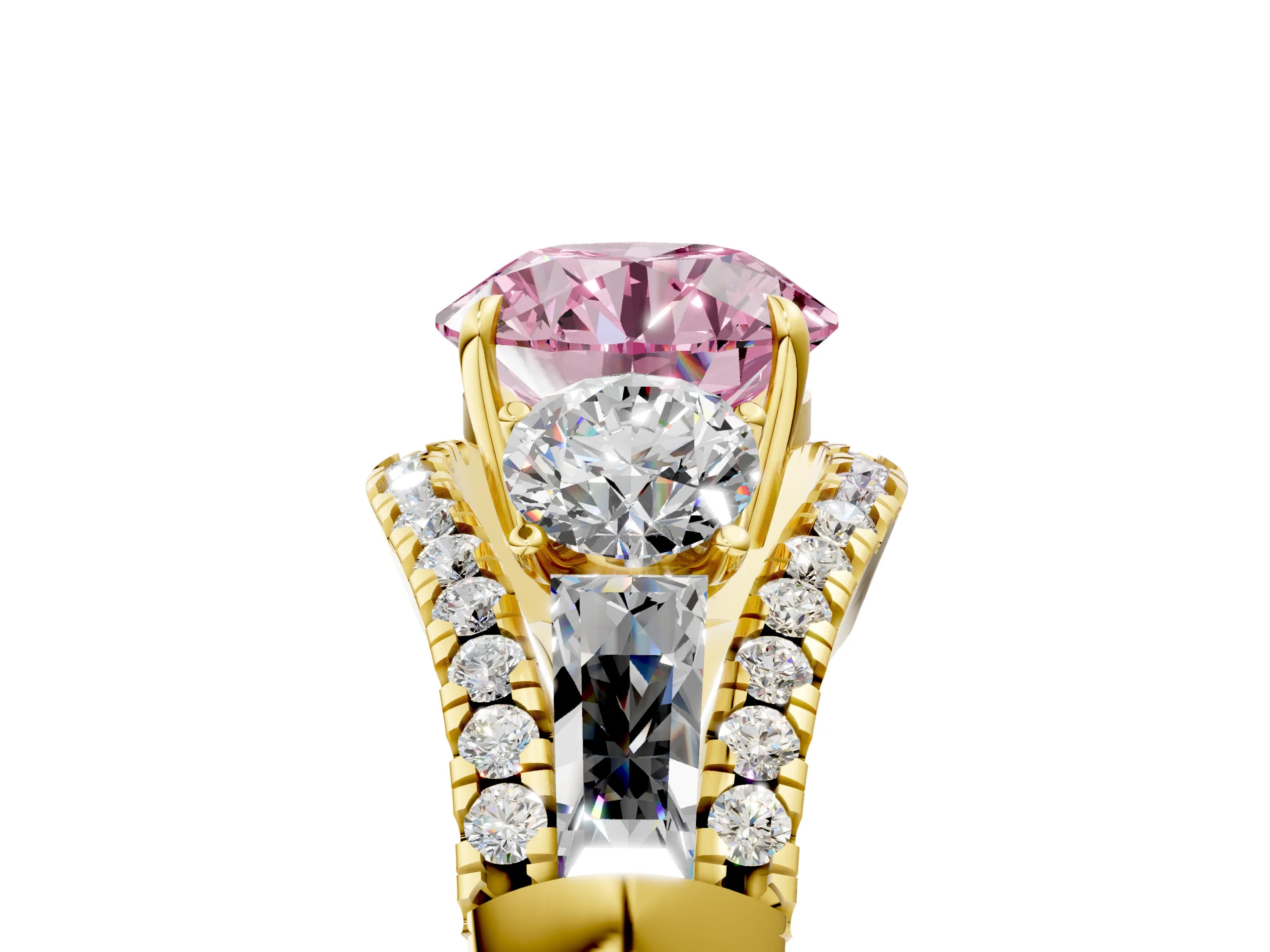 Yellow gold Three-Stone Fancy Pink Round Cut Diamond Engagement Ring with Pave Band and Prong Setting_5