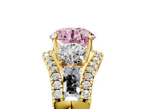 Yellow gold Three-Stone Fancy Pink Round Cut Diamond Engagement Ring with Pave Band and Prong Setting_5