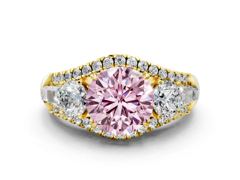 Yellow gold Three-Stone Fancy Pink Round Cut Diamond Engagement Ring with Pave Band and Prong Setting