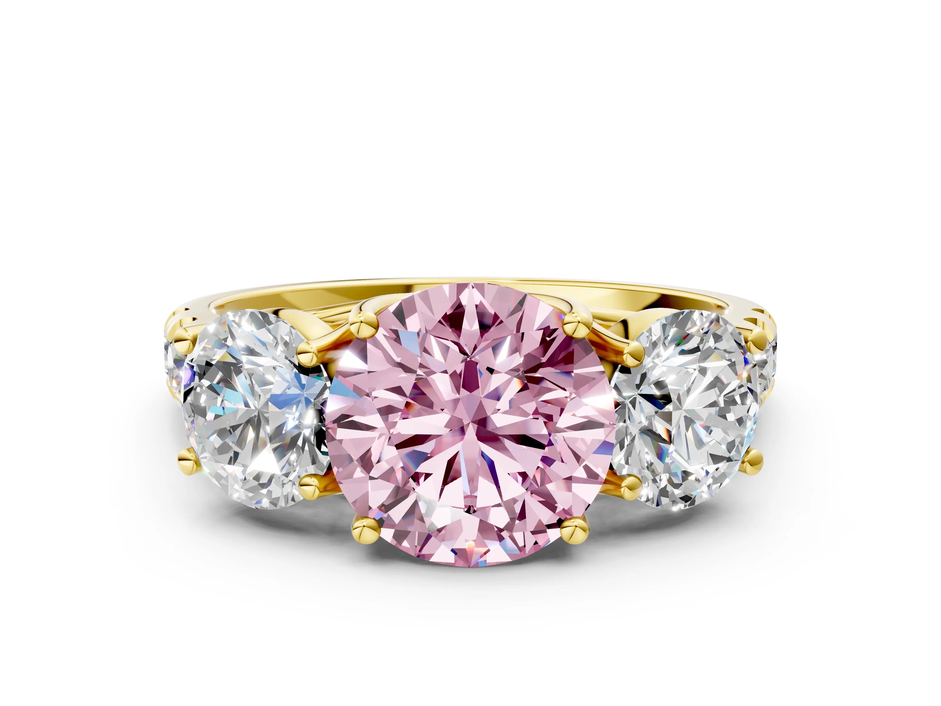 Yellow gold Three-Stone Fancy Pink Round Cut Diamond Pavé Band with Prong Setting