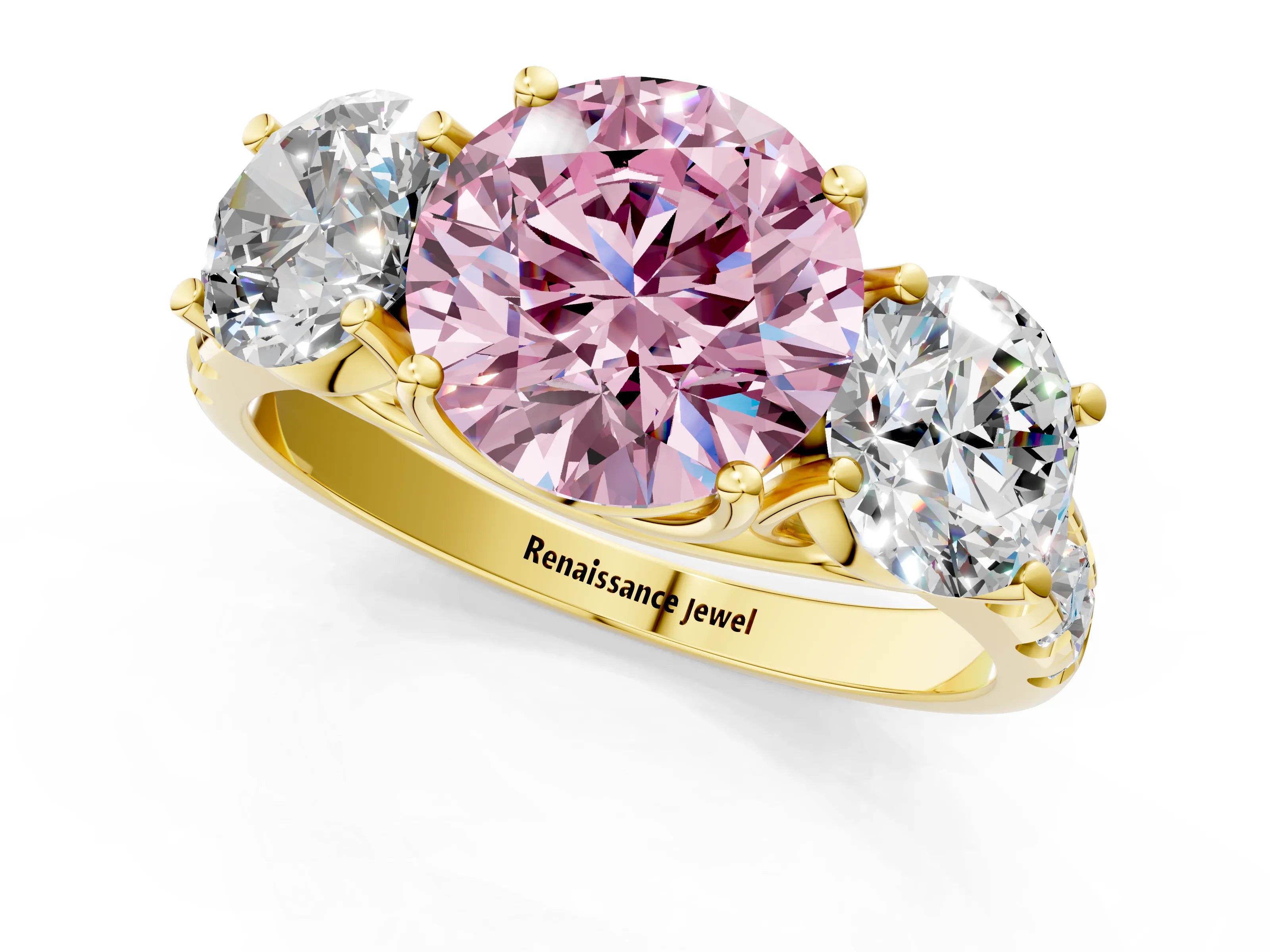 Yellow gold Three-Stone Fancy Pink Round Cut Diamond Pavé Band with Prong Setting_1