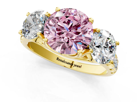 Yellow gold Three-Stone Fancy Pink Round Cut Diamond Pavé Band with Prong Setting_1