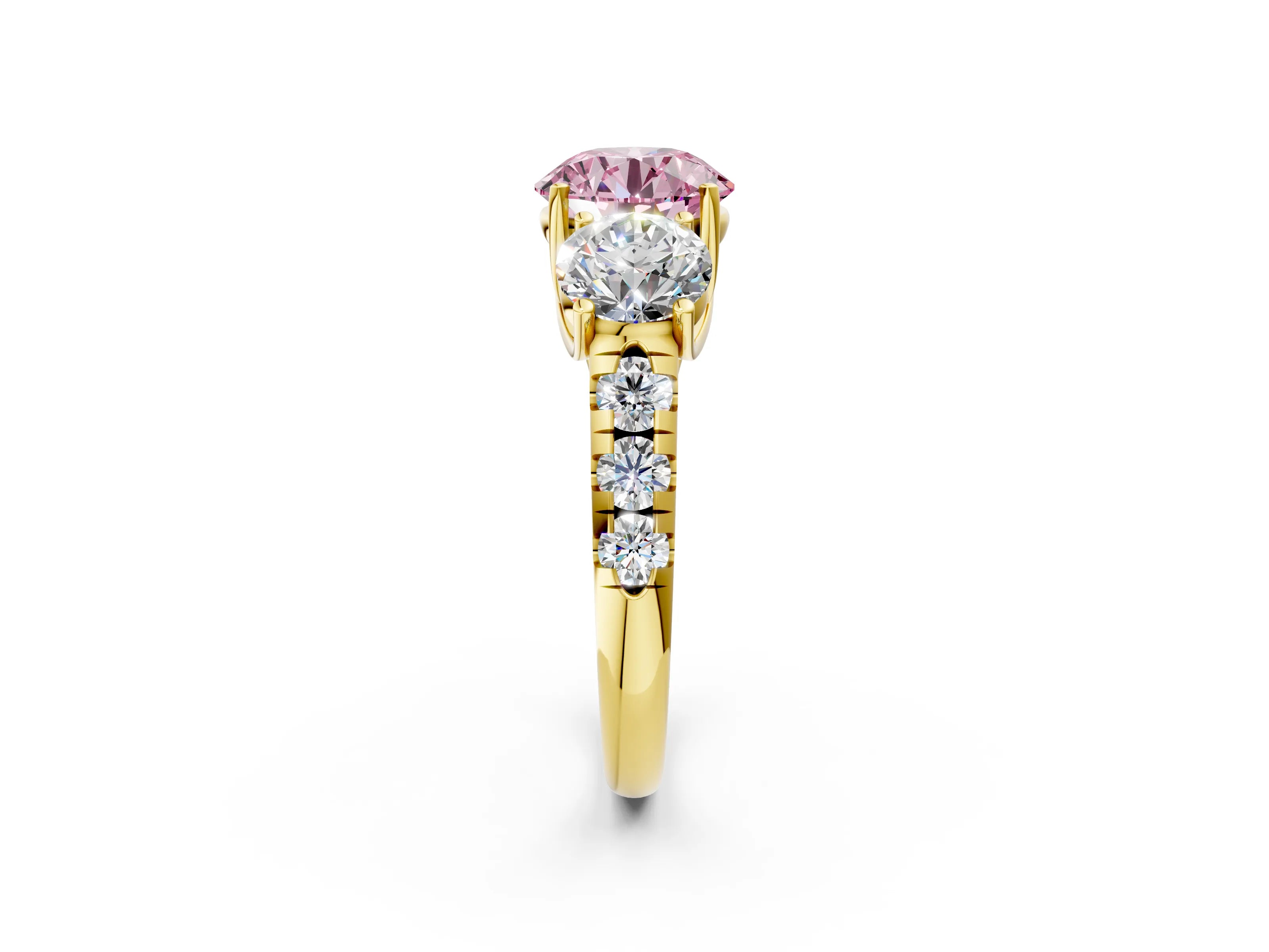 Yellow gold Three-Stone Fancy Pink Round Cut Diamond Pavé Band with Prong Setting_2