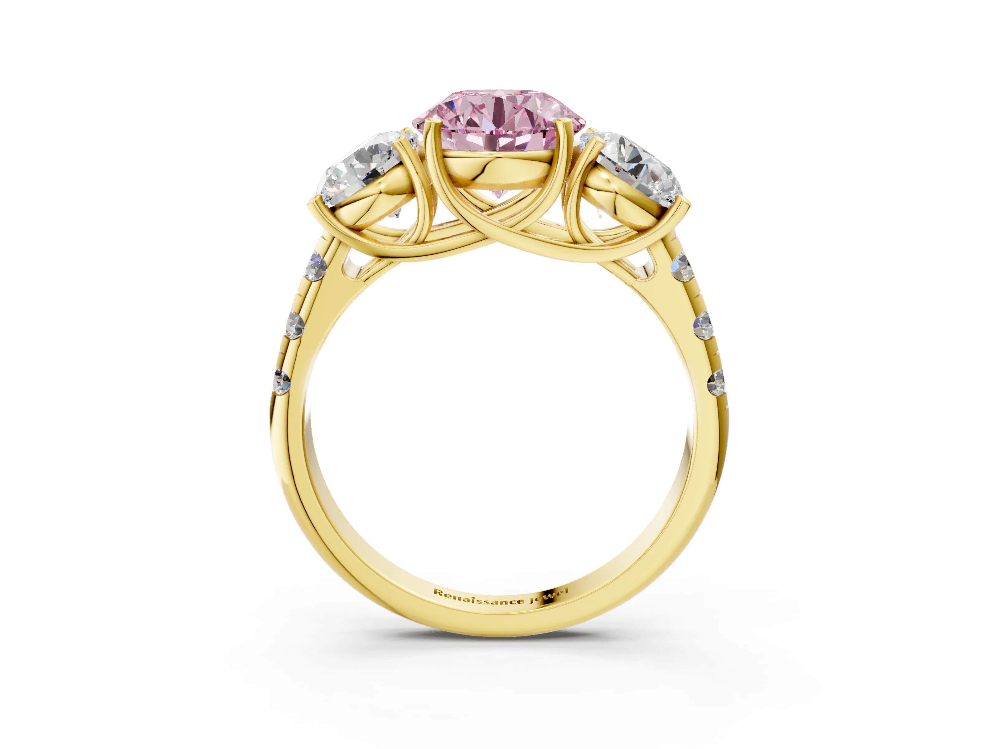 Yellow gold Three-Stone Fancy Pink Round Cut Diamond Pavé Band with Prong Setting_3