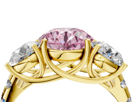Yellow gold Three-Stone Fancy Pink Round Cut Diamond Pavé Band with Prong Setting_4