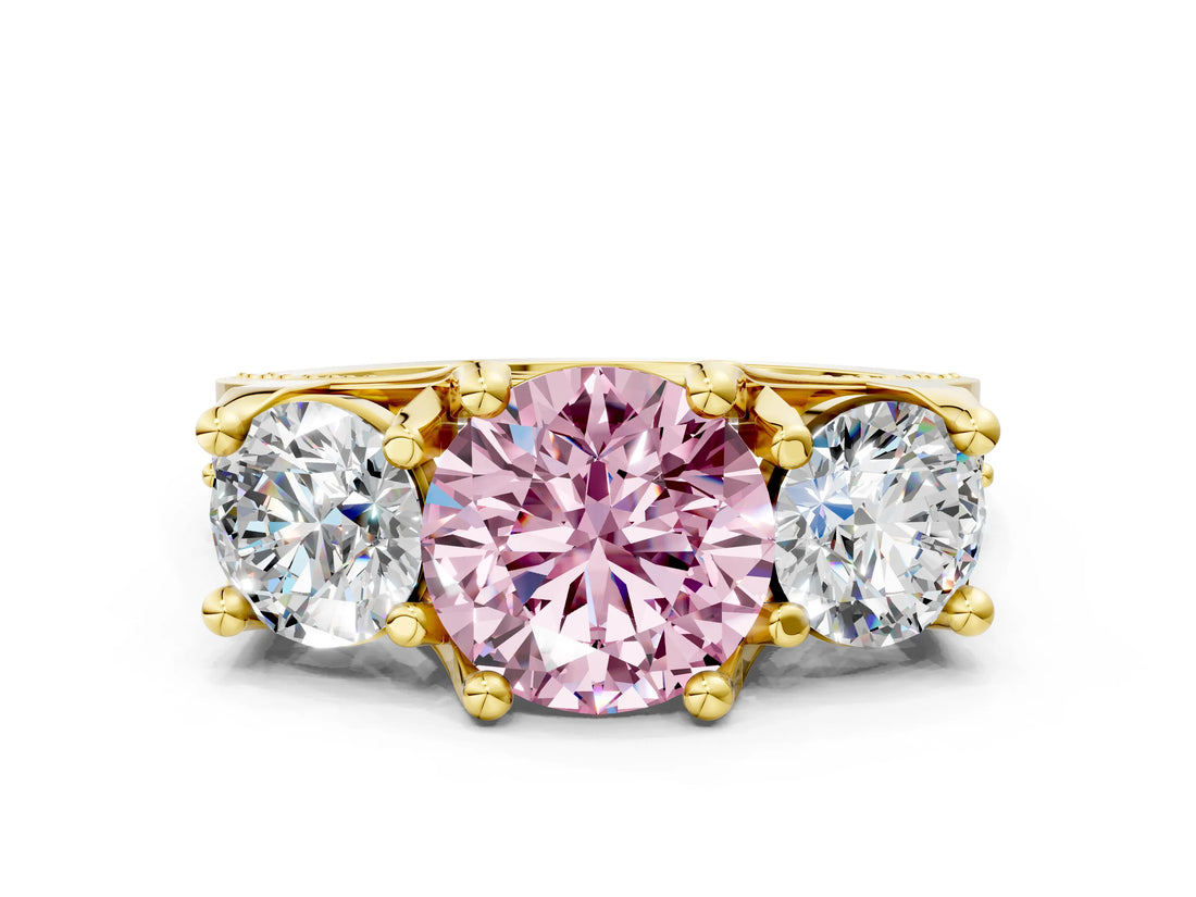 Yellow gold Three-Stone Fancy Pink Round  Cut Diamond Ring with Channel-Set Band and Four-Prong Setting_35