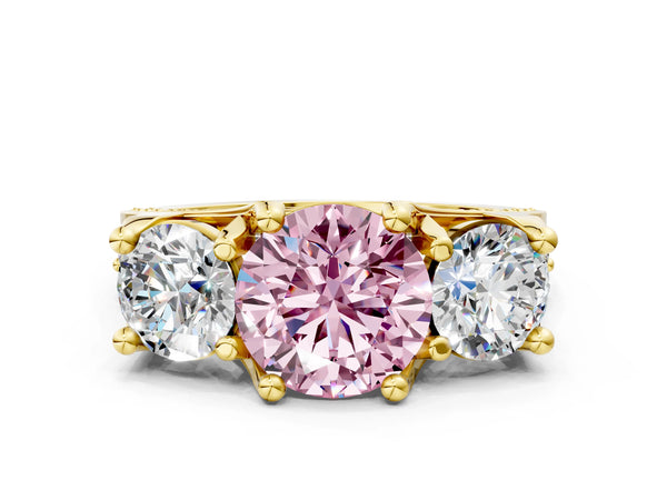 Yellow gold Fancy Pink Round Cut Diamond Three-Stone Ring with Channel Set Band and Four-Prong Setting