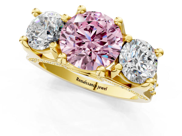 Yellow gold Fancy Pink Round Cut Diamond Three-Stone Ring with Channel Set Band and Four-Prong Setting
