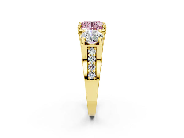 Yellow gold Fancy Pink Round Cut Diamond Three-Stone Ring with Channel Set Band and Four-Prong Setting