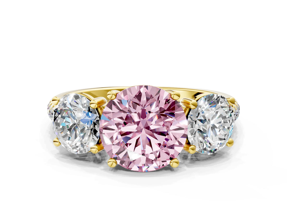 Yellow gold Three-Stone Fancy Pink Round Cut Diamond Ring with Pavé Band and Prong Setting_46