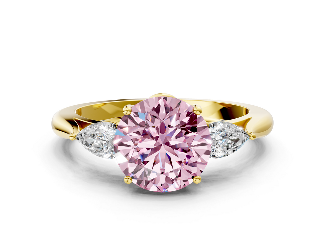 Yellow gold Three-Stone Fancy Pink Round  Cut Diamond Ring with Pear Side Stones in Four-Prong Setting