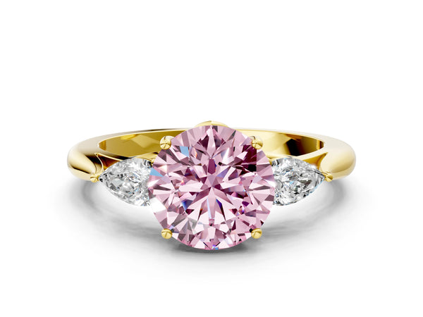 Yellow gold Three-Stone Fancy Pink Round Cut Diamond Ring with Pear  Side Stones in Four-Prong Setting