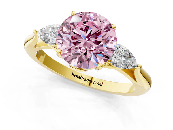 Yellow gold Three-Stone Fancy Pink Round Cut Diamond Ring with Pear  Side Stones in Four-Prong Setting