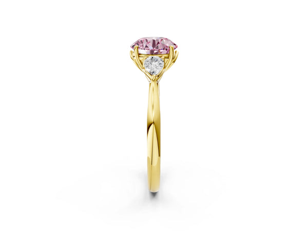 Yellow gold Three-Stone Fancy Pink Round Cut Diamond Ring with Pear  Side Stones in Four-Prong Setting