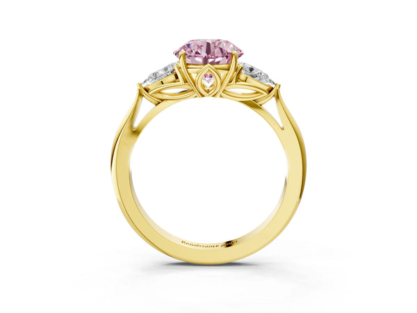 Yellow gold Three-Stone Fancy Pink Round Cut Diamond Ring with Pear  Side Stones in Four-Prong Setting