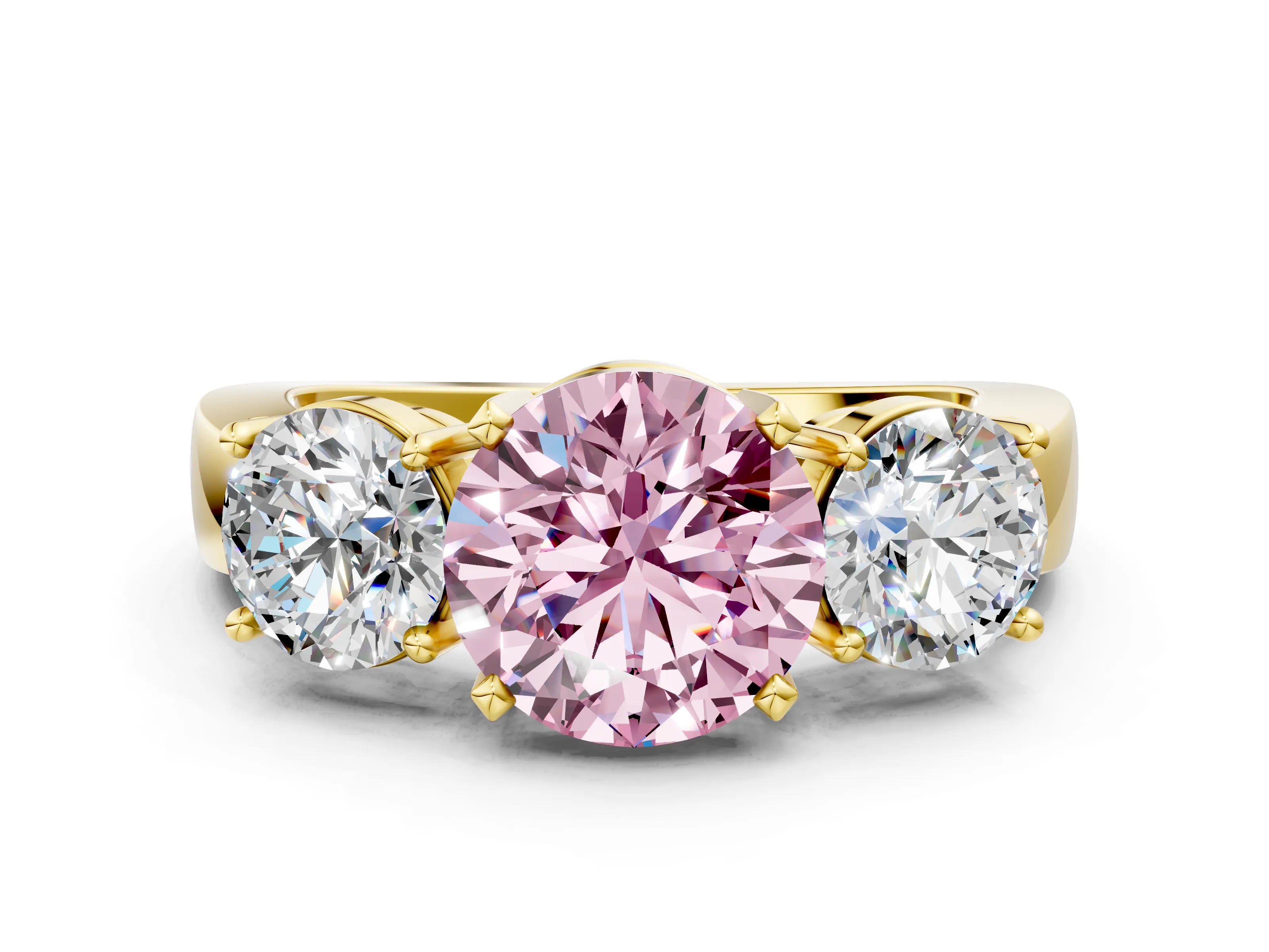 Yellow gold Three-Stone Fancy Pink Round Cut Diamond Ring with Round Side Stones, Classic Band, and Four-Prong Setting