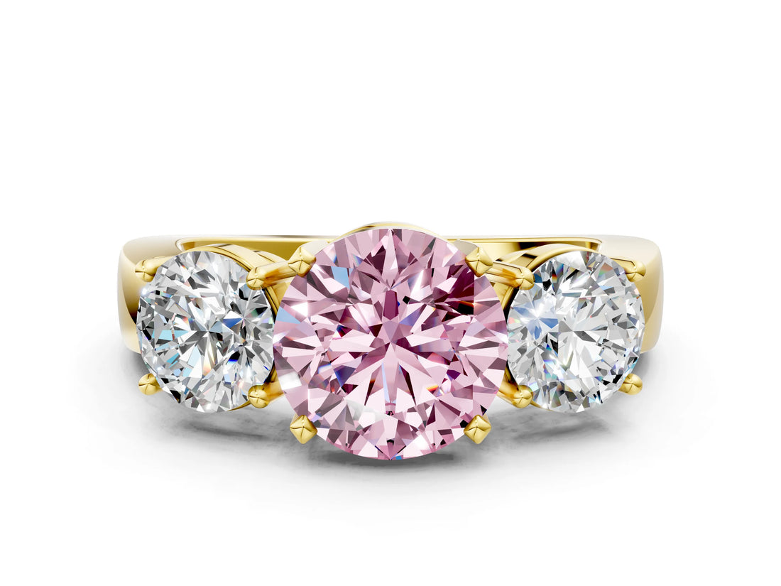 Yellow gold Three-Stone Fancy Pink Round Cut Diamond Ring with Round Side Stones, Classic Band, and Four-Prong Setting