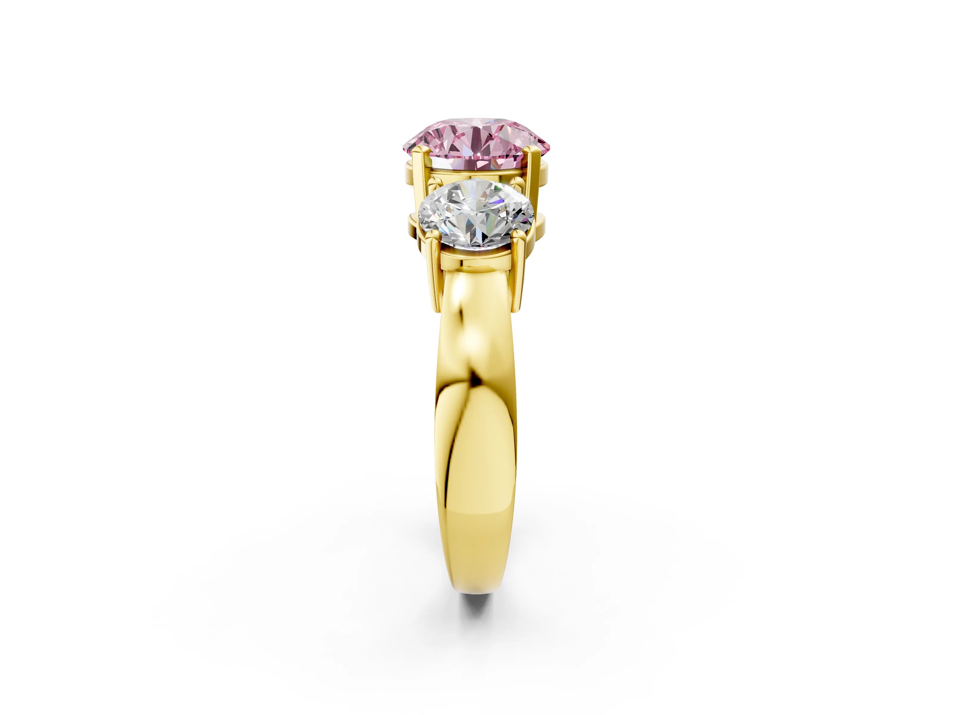 Yellow gold Three-Stone Fancy Pink Round Cut Diamond Ring with Round Side Stones, Classic Band, and Four-Prong Setting_2