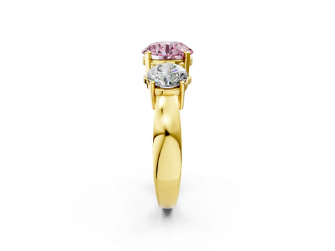 Yellow gold Three-Stone Fancy Pink Round Cut Diamond Ring with Round Side Stones, Classic Band, and Four-Prong Setting_2