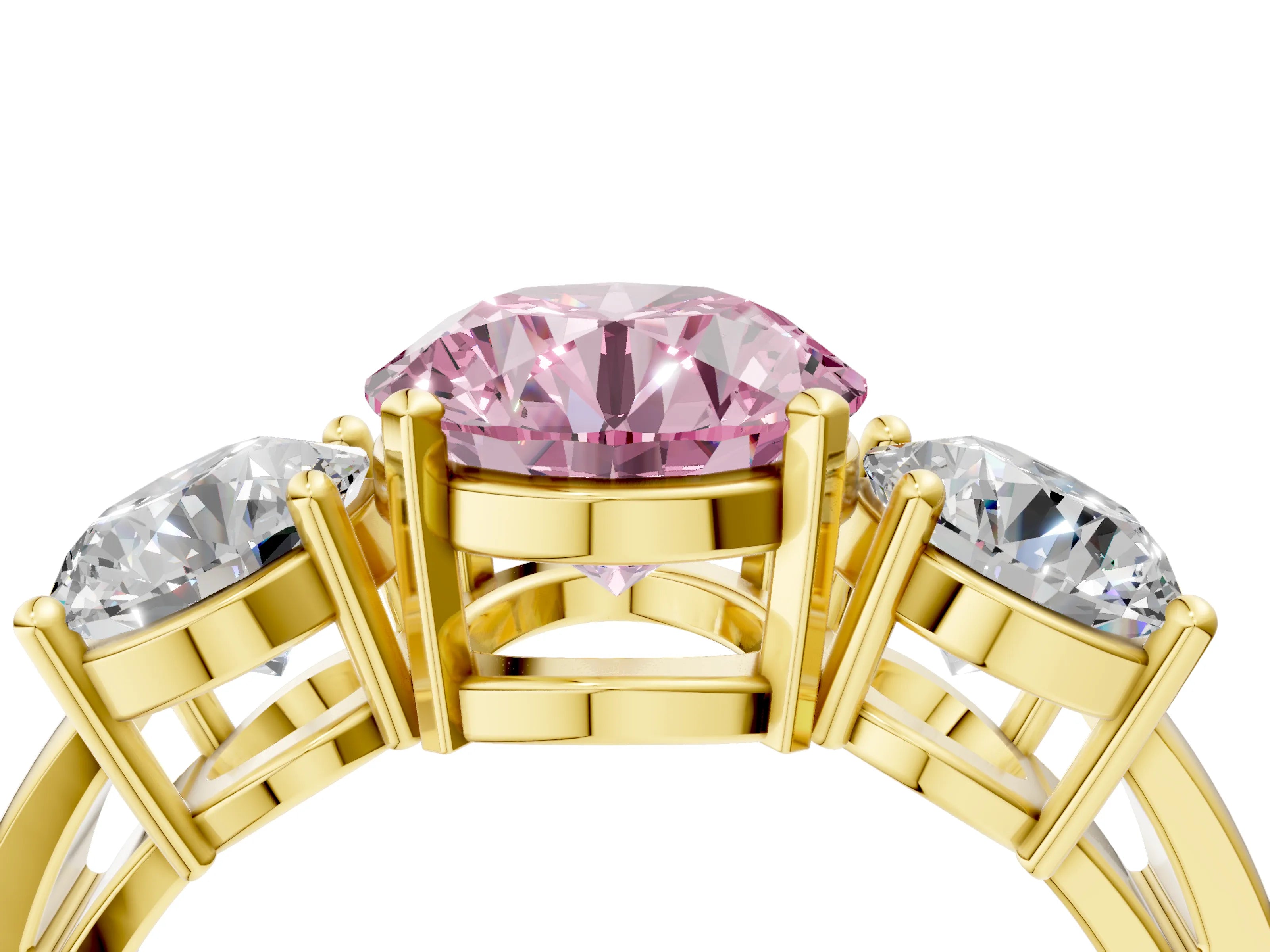 Yellow gold Three-Stone Fancy Pink Round Cut Diamond Ring with Round Side Stones, Classic Band, and Four-Prong Setting_4