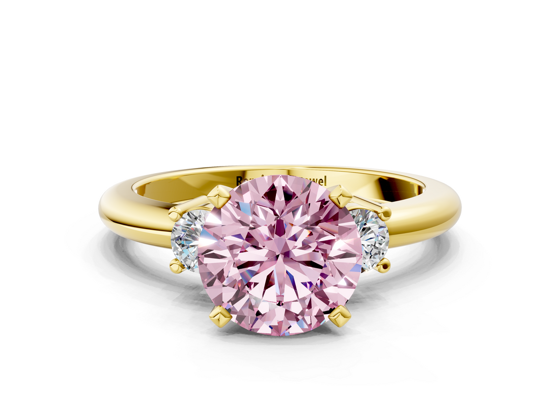 Yellow gold Three-Stone Fancy Pink Round  Cut Diamond Solitaire with Prong Setting and Classic Band