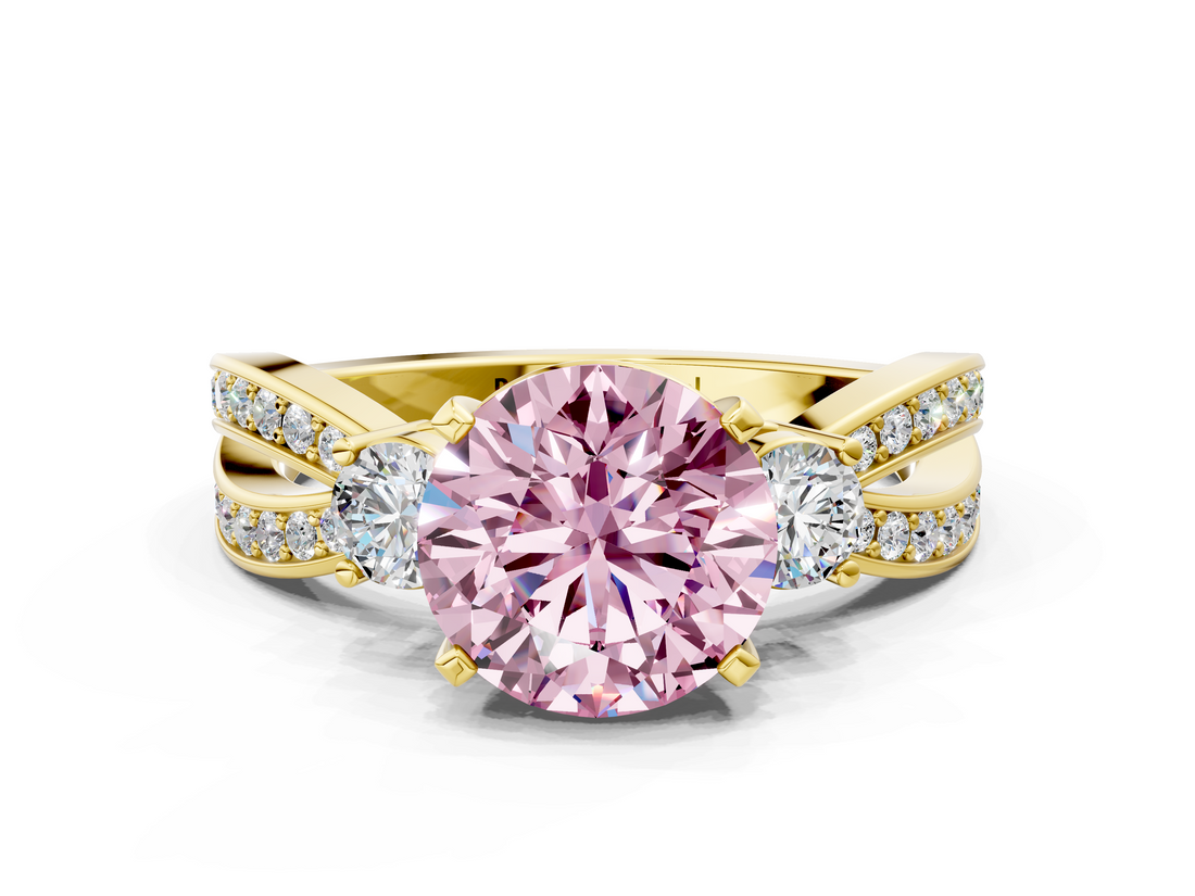 Yellow gold Three-Stone Fancy Pink Round  Cut Diamond Twist Band with Prong Setting
