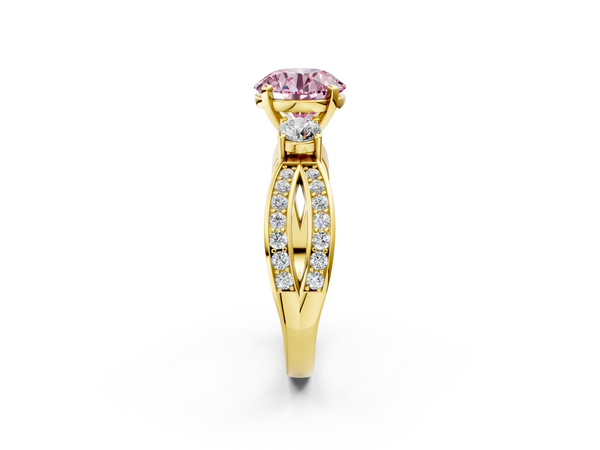 Yellow Gold Round Three Stone Engagement Ring Setting for Fancy Pink Center with Pave Twist Band