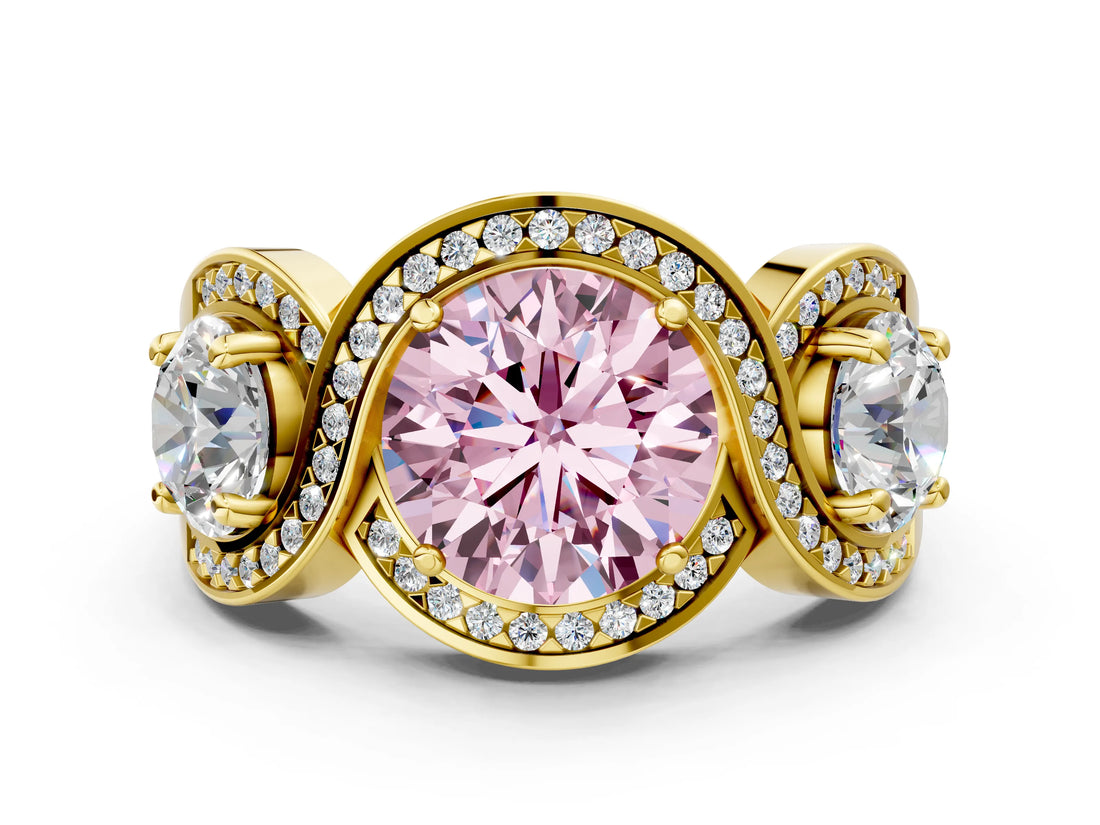 Yellow gold Three-Stone Fancy Pink Round Cut Diamond Wave Pave Band with Prong Setting