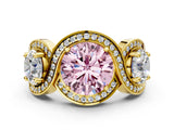 Yellow gold Three-Stone Fancy Pink Round Cut Diamond Wave Pave Band with Prong Setting