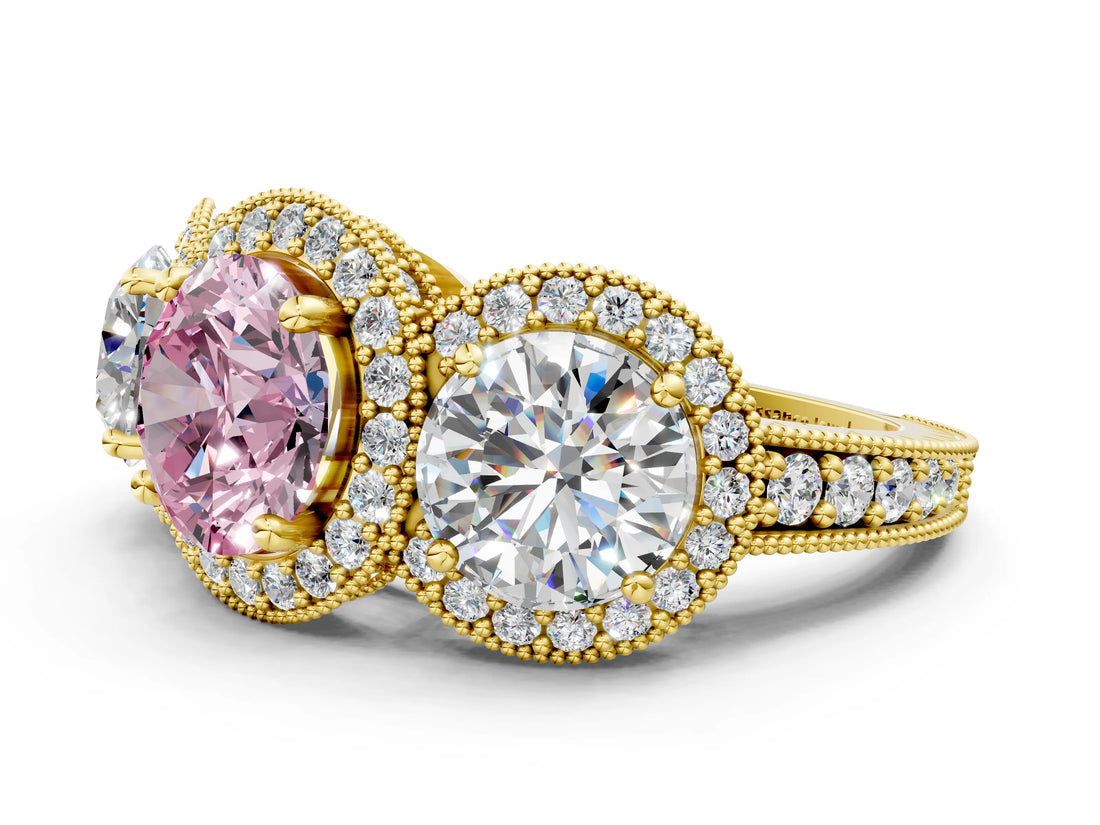 Yellow gold Three-Stone Fancy Pink Round Cut Halo Diamond Milgrain Band with Four-Prong Setting