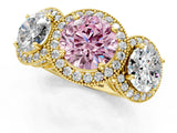 Yellow gold Three-Stone Fancy Pink Round Cut Halo Diamond Milgrain Band with Four-Prong Setting_1