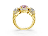Yellow gold Three-Stone Fancy Pink Round Cut Halo Diamond Milgrain Band with Four-Prong Setting_3