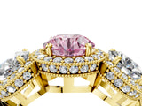 Yellow gold Three-Stone Fancy Pink Round Cut Halo Diamond Milgrain Band with Four-Prong Setting_4